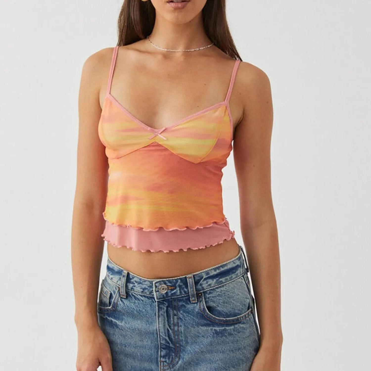 Women Double Layer Mesh Tank Tops Sleeveless Patchwork Strappy Going Out Tops Camisole Y2k Backless Crop Cami Shirts