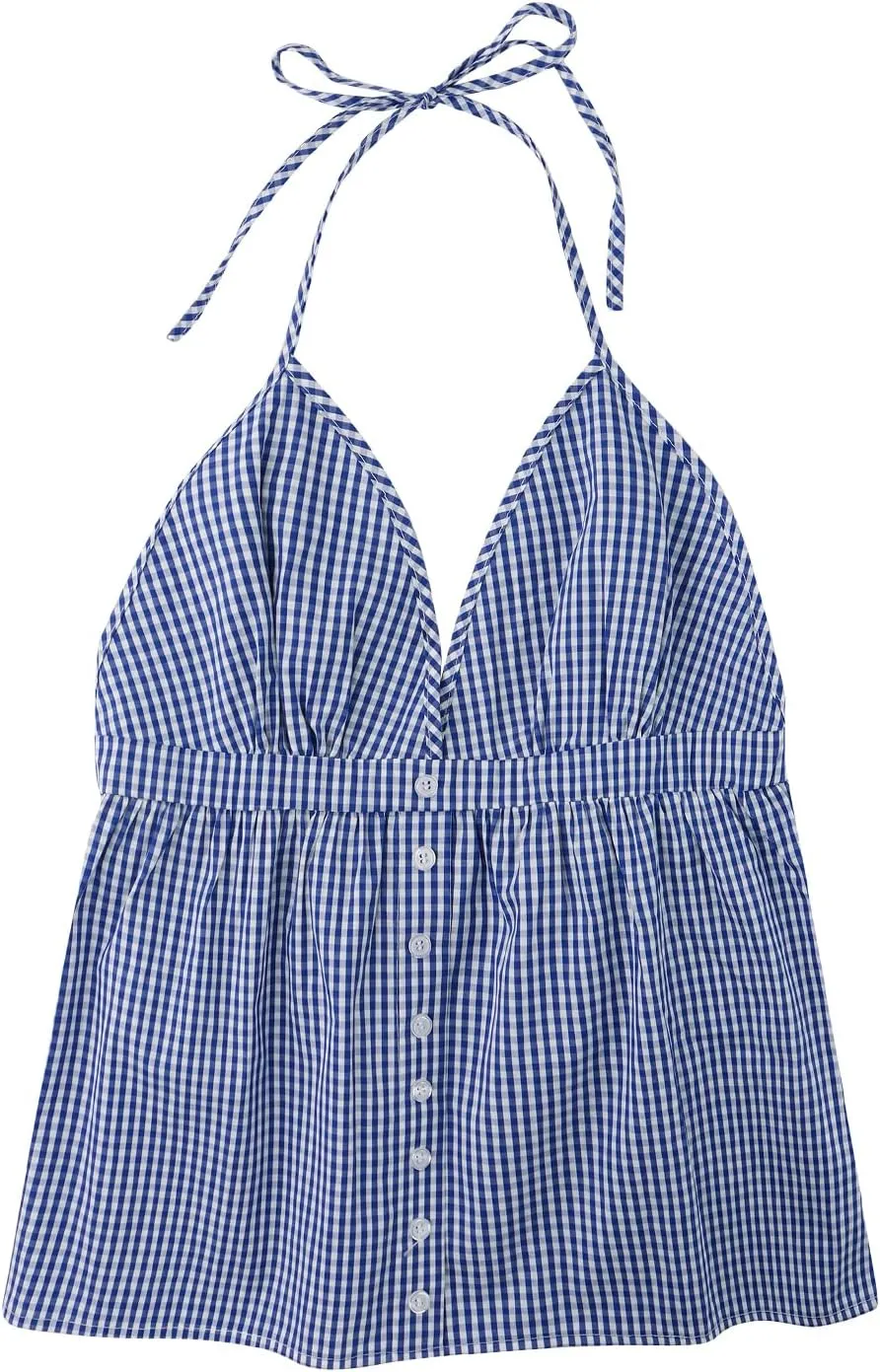 Women Floral Deep V Neck Halter Tops Sleeveless Button Down Backless A Line Camisole Ruffle A Line Babydoll Shirt