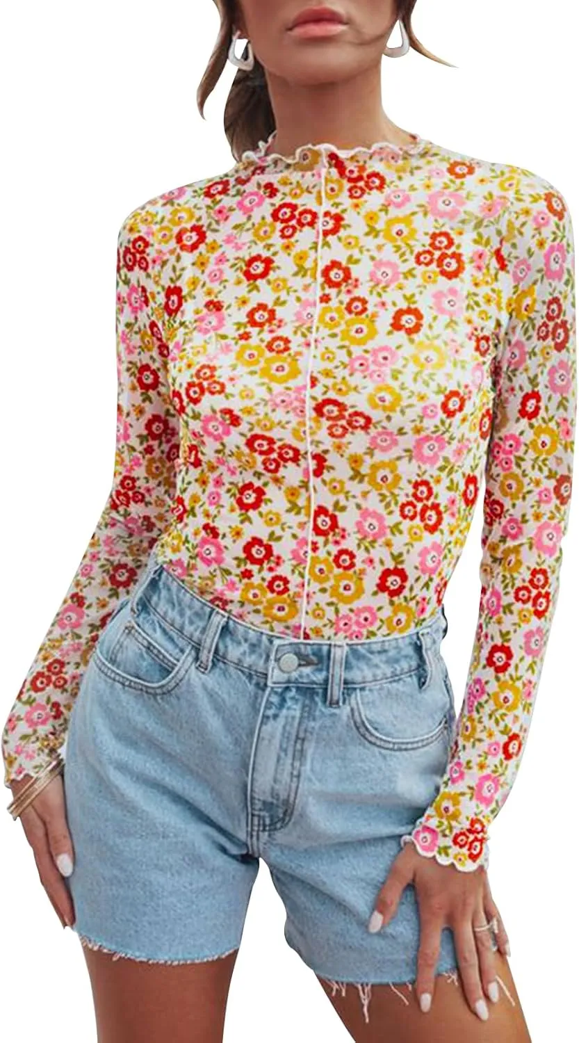 Women Floral Mesh Top Lace Long Sleeve Tops Mock Neck Ruffle See Through Tops Fitted Sexy Going Out Tops Fashion 2025