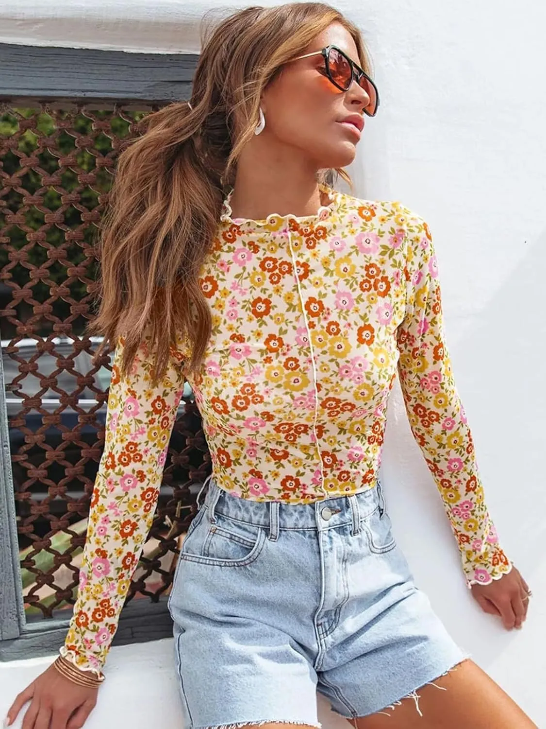 Women Floral Mesh Top Lace Long Sleeve Tops Mock Neck Ruffle See Through Tops Fitted Sexy Going Out Tops Fashion 2025
