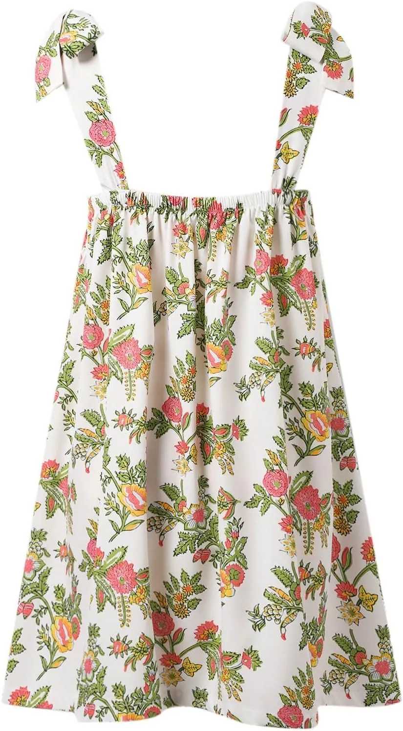 Women Floral Tie Shoulder Mini Strap Dress Cute Square Neck Loose Fit Beach Short Dress Backless Boho Vacation Sundress