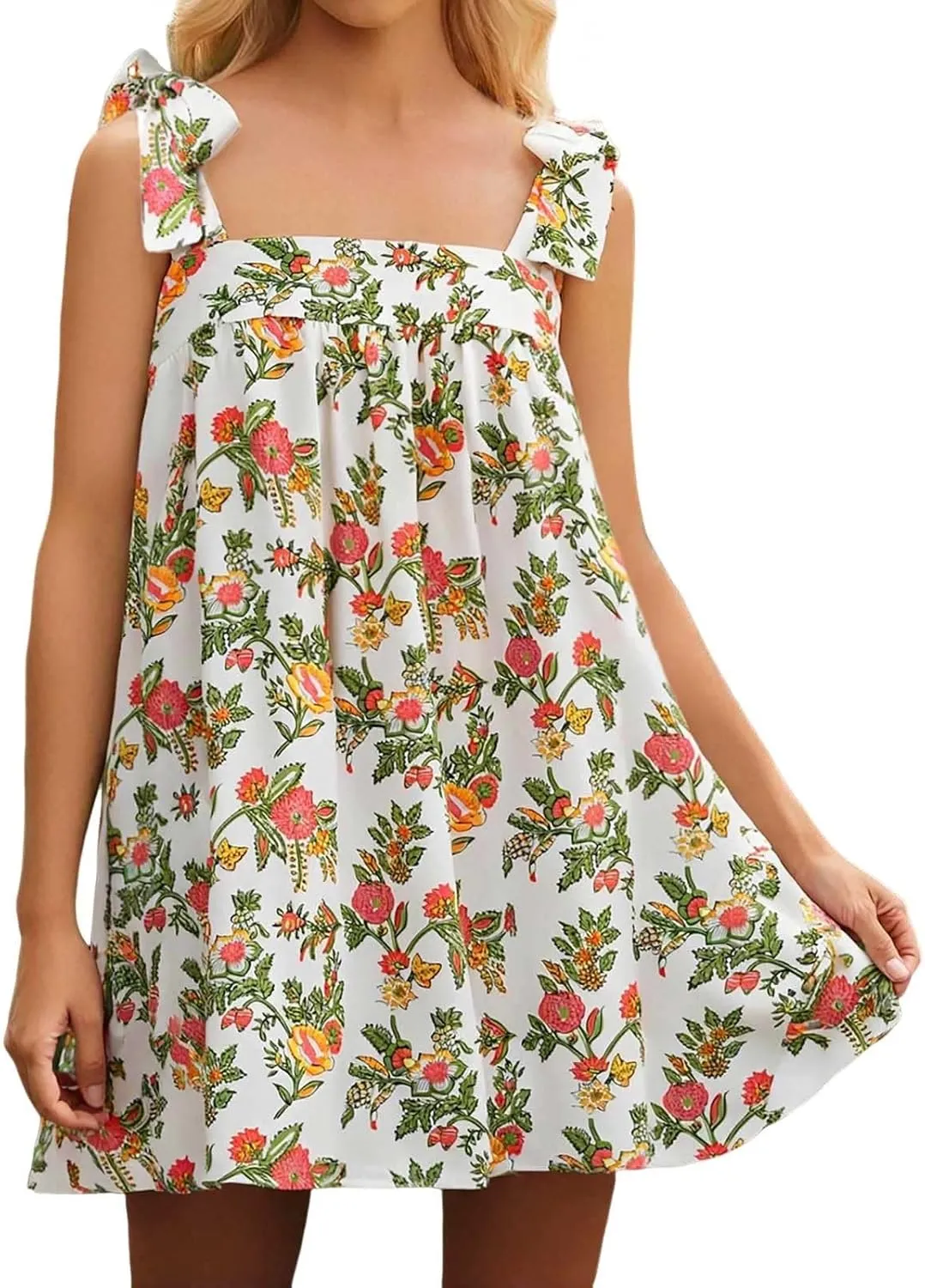 Women Floral Tie Shoulder Mini Strap Dress Cute Square Neck Loose Fit Beach Short Dress Backless Boho Vacation Sundress