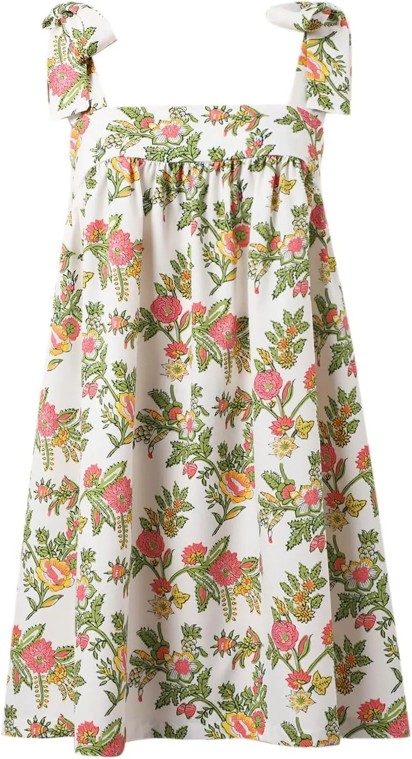 Women Floral Tie Shoulder Mini Strap Dress Cute Square Neck Loose Fit Beach Short Dress Backless Boho Vacation Sundress