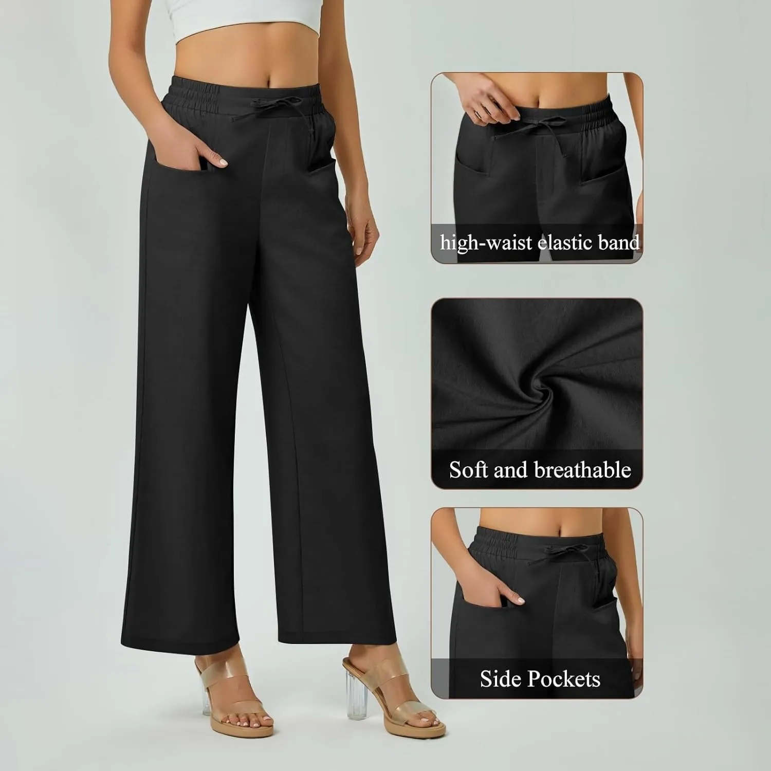 Women Linen Pants Wide Leg Ankle Pants High Waist Drawstring Casual Palazzo Loose Beach Pant Cropped Trousers