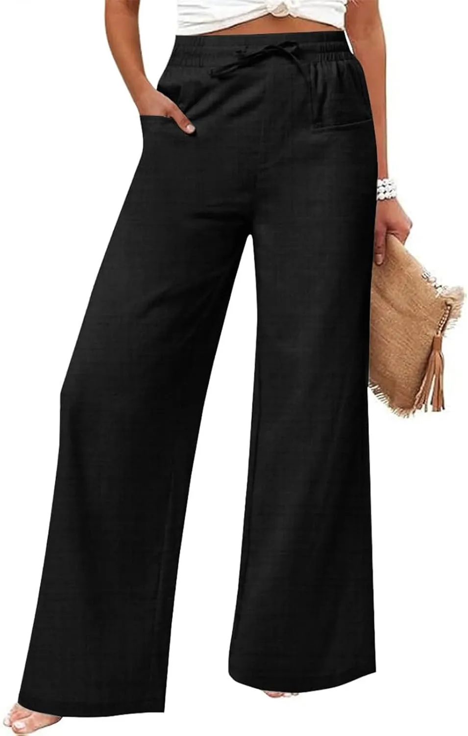 Women Linen Pants Wide Leg Ankle Pants High Waist Drawstring Casual Palazzo Loose Beach Pant Cropped Trousers