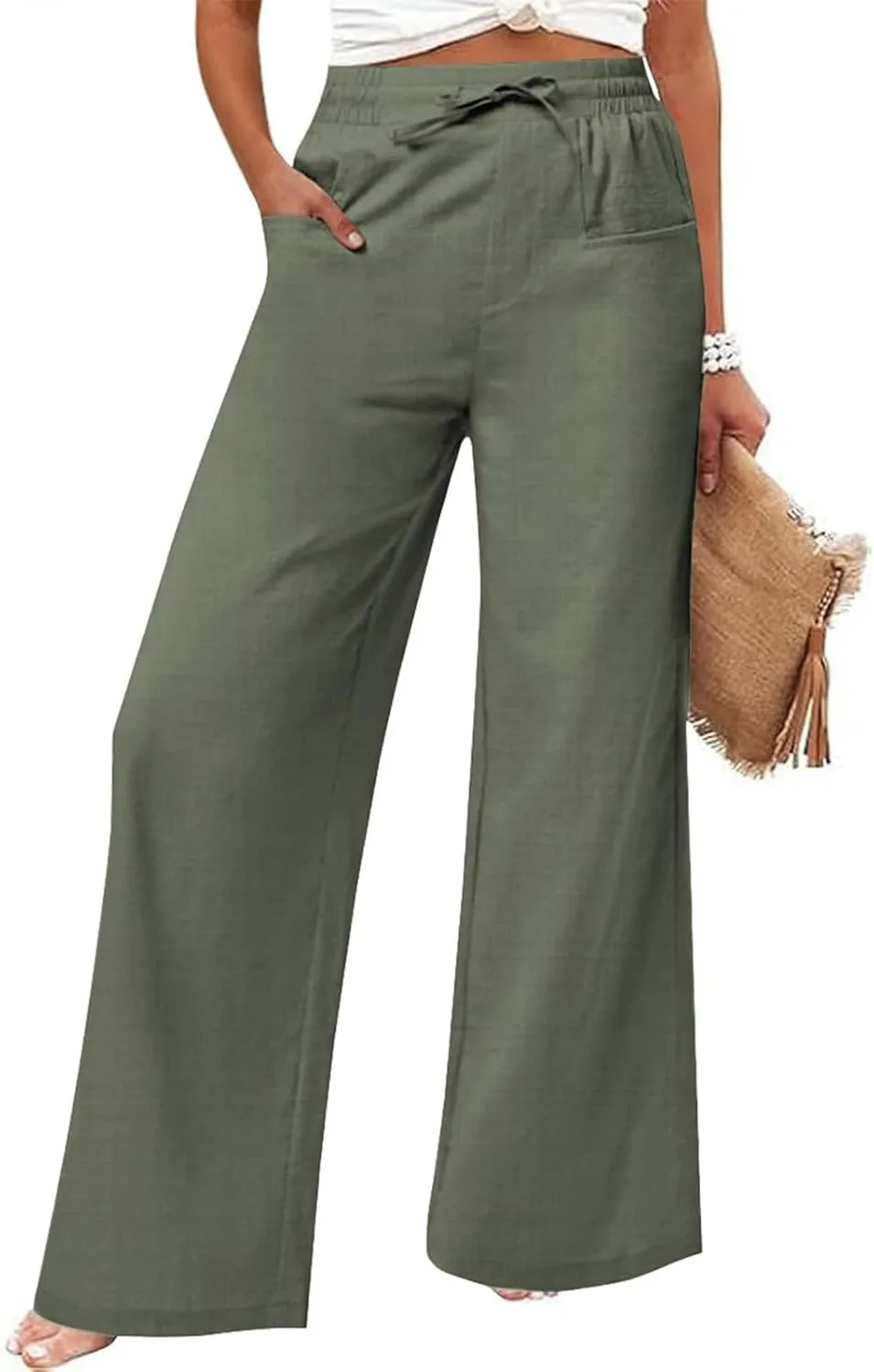Women Linen Pants Wide Leg Ankle Pants High Waist Drawstring Casual Palazzo Loose Beach Pant Cropped Trousers