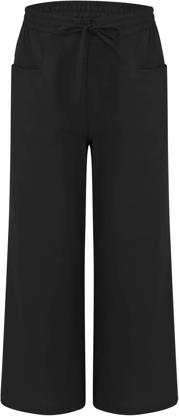 Women Linen Pants Wide Leg Ankle Pants High Waist Drawstring Casual Palazzo Loose Beach Pant Cropped Trousers