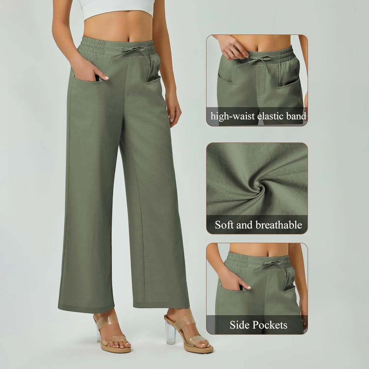 Women Linen Pants Wide Leg Ankle Pants High Waist Drawstring Casual Palazzo Loose Beach Pant Cropped Trousers