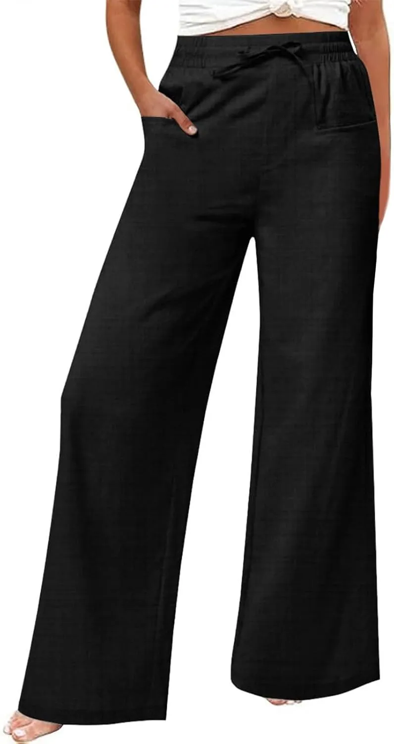 Women Linen Pants Wide Leg Ankle Pants High Waist Drawstring Casual Palazzo Loose Beach Pant Cropped Trousers