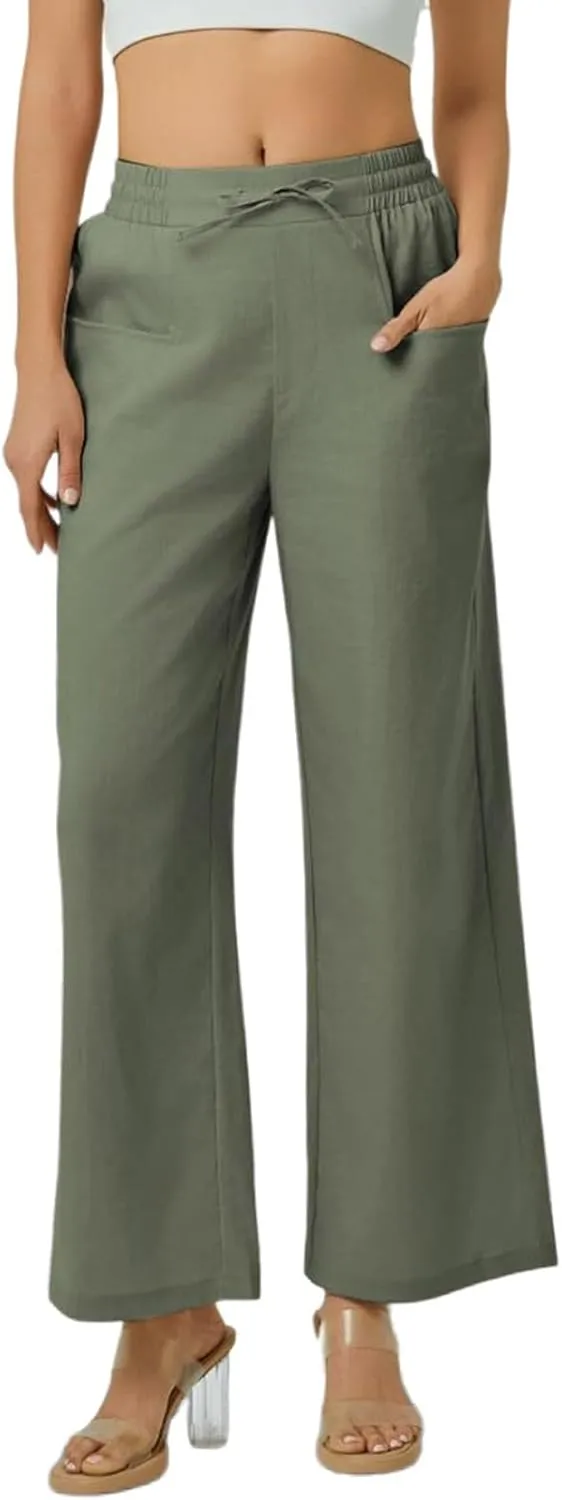 Women Linen Pants Wide Leg Ankle Pants High Waist Drawstring Casual Palazzo Loose Beach Pant Cropped Trousers