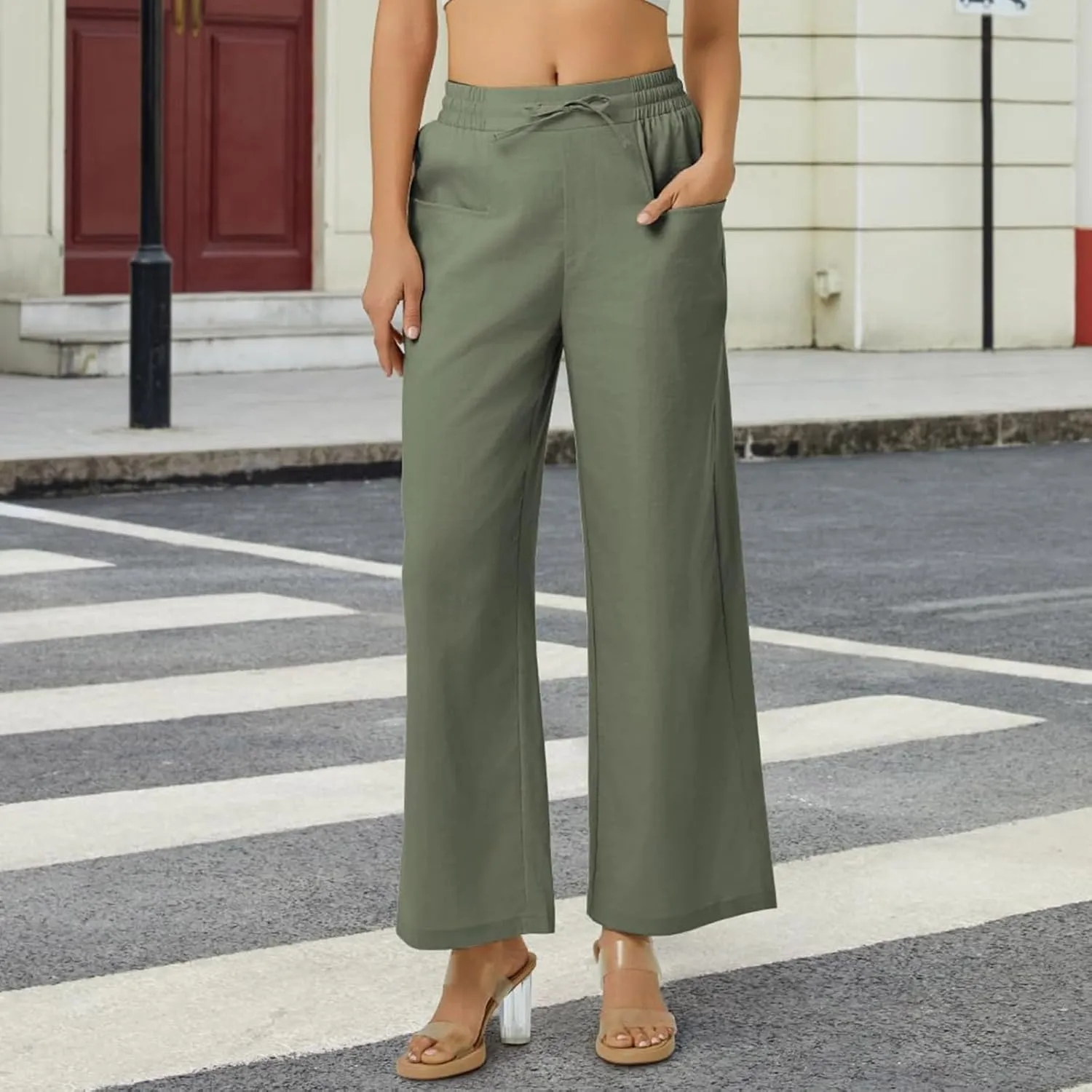 Women Linen Pants Wide Leg Ankle Pants High Waist Drawstring Casual Palazzo Loose Beach Pant Cropped Trousers