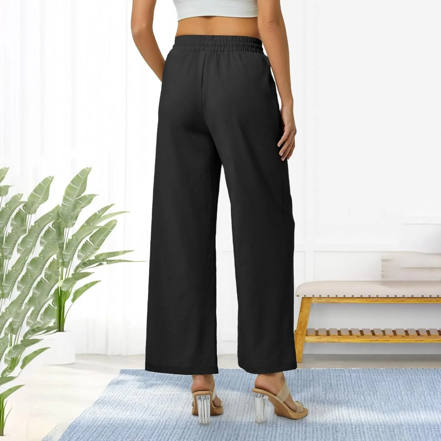 Women Linen Pants Wide Leg Ankle Pants High Waist Drawstring Casual Palazzo Loose Beach Pant Cropped Trousers