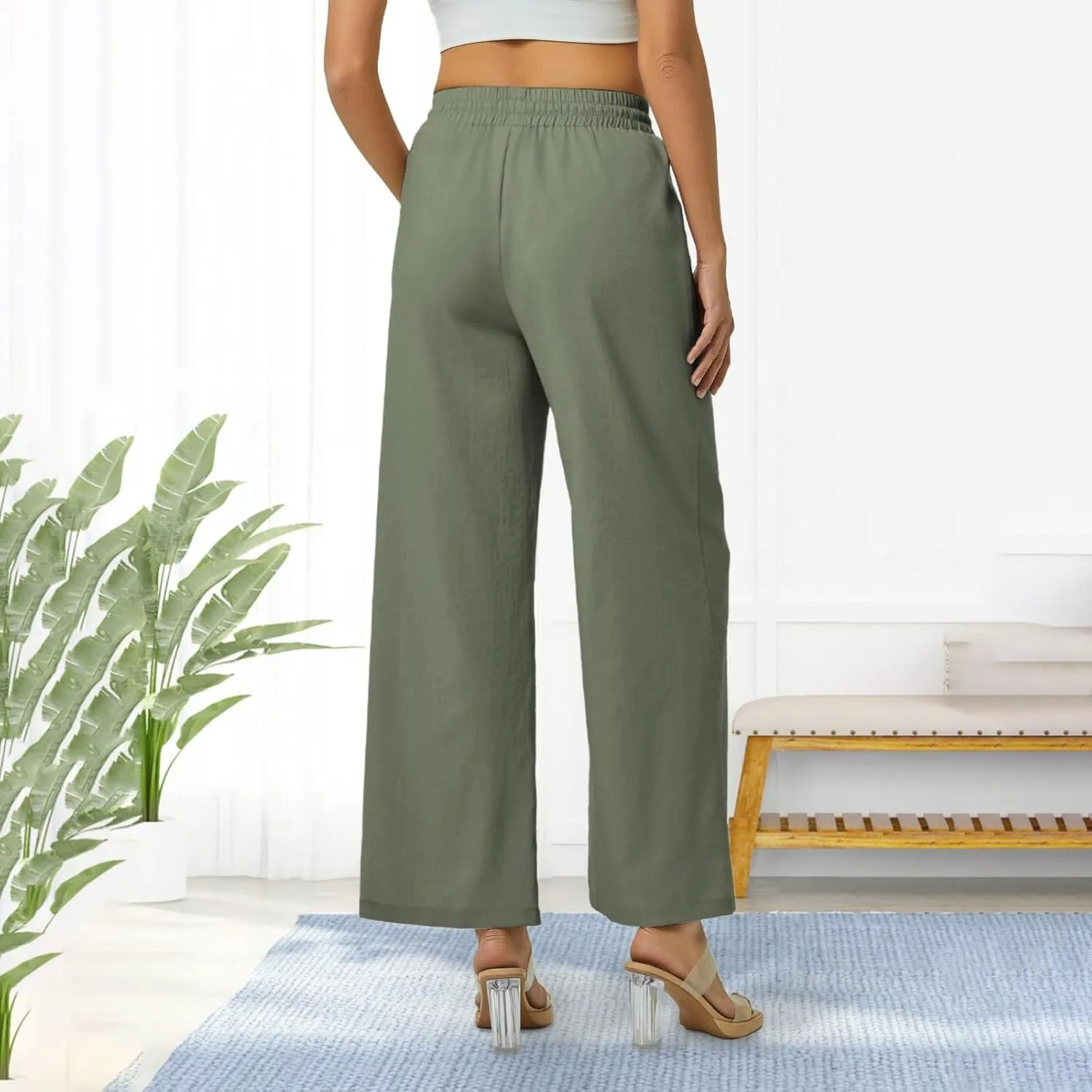 Women Linen Pants Wide Leg Ankle Pants High Waist Drawstring Casual Palazzo Loose Beach Pant Cropped Trousers