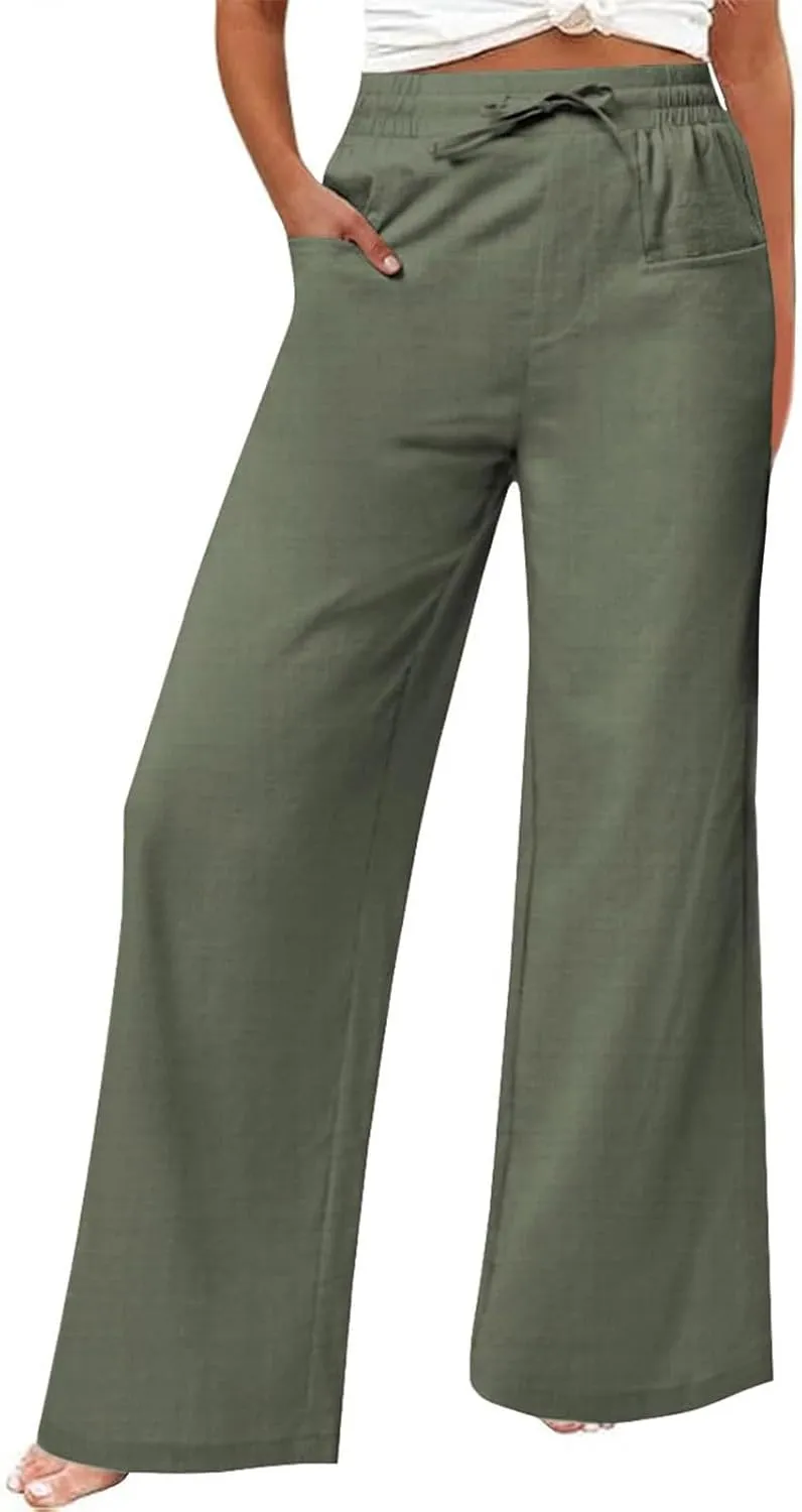 Women Linen Pants Wide Leg Ankle Pants High Waist Drawstring Casual Palazzo Loose Beach Pant Cropped Trousers