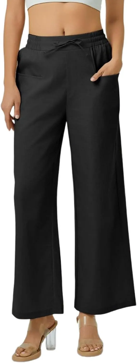 Women Linen Pants Wide Leg Ankle Pants High Waist Drawstring Casual Palazzo Loose Beach Pant Cropped Trousers