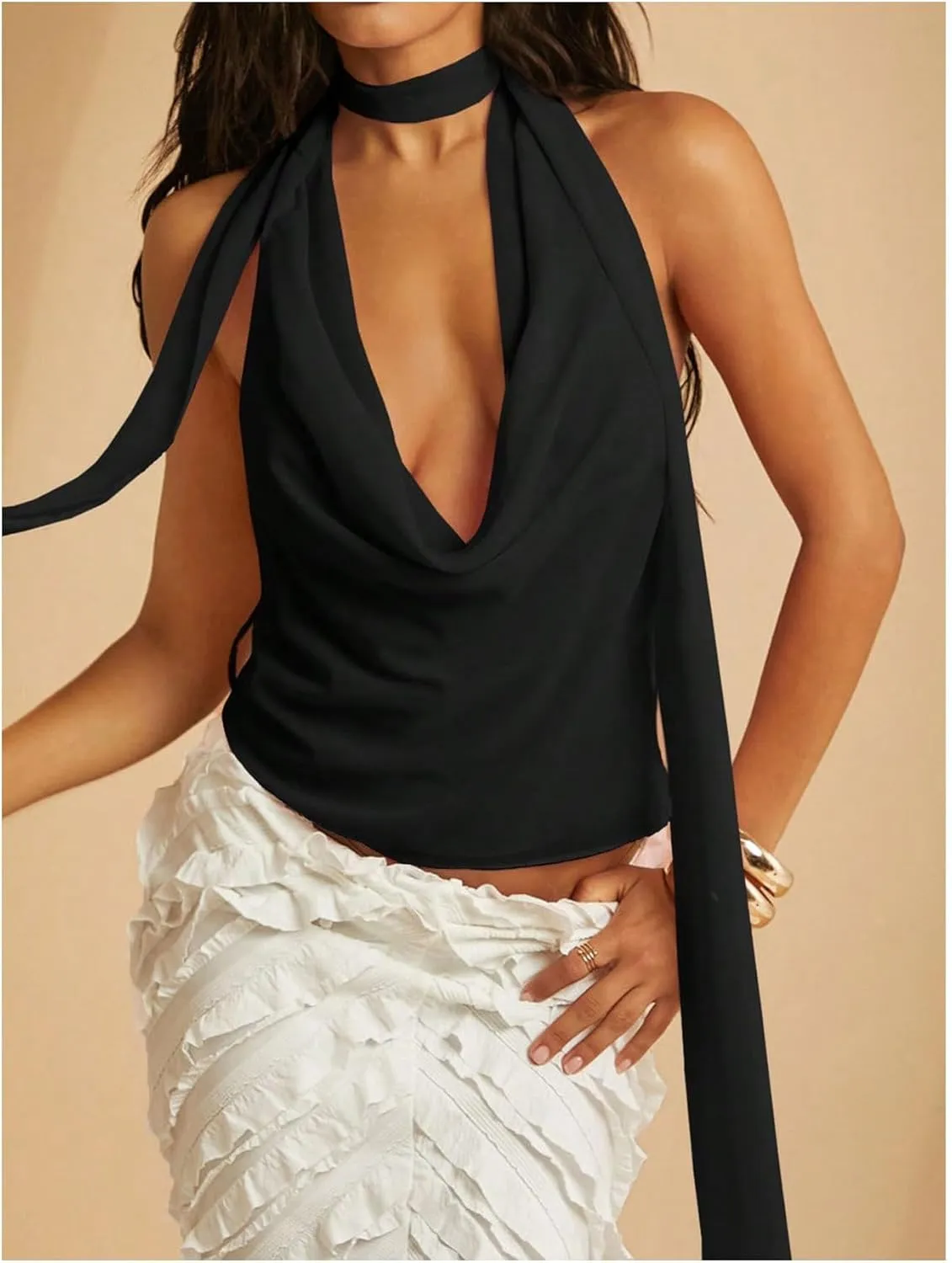 Women Sexy Cowl Neck Halter Top Y2k Backless Flowy Summer Going Out Tops