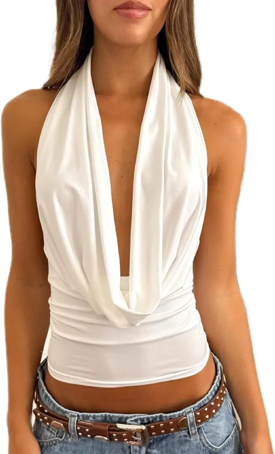 Women Sexy Cowl Neck Halter Top Y2k Backless Flowy Summer Going Out Tops