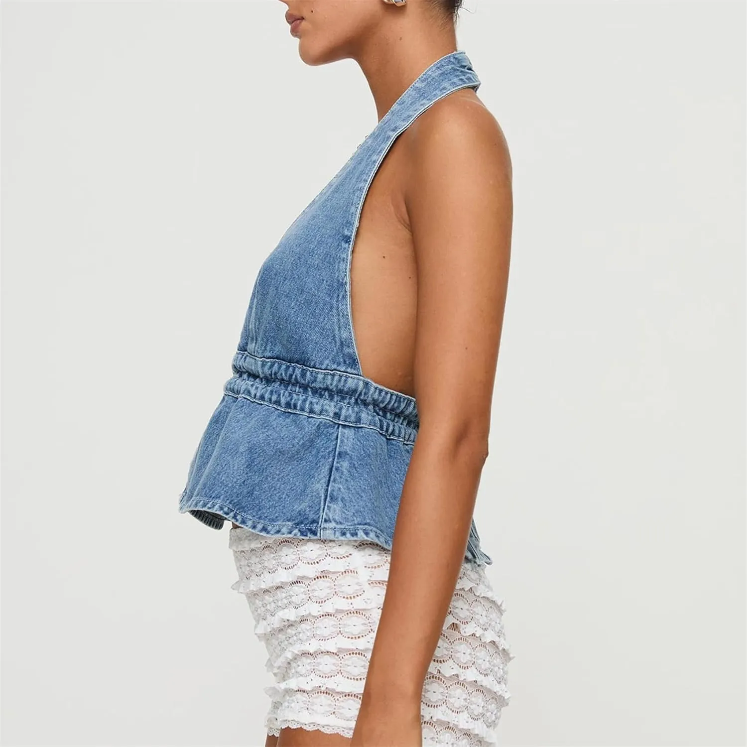 Women Sexy Halter Jean Vest Deep V Neck Denim Tie Vest Summer Backless Ruffle Denim Tank Top Streeetwear