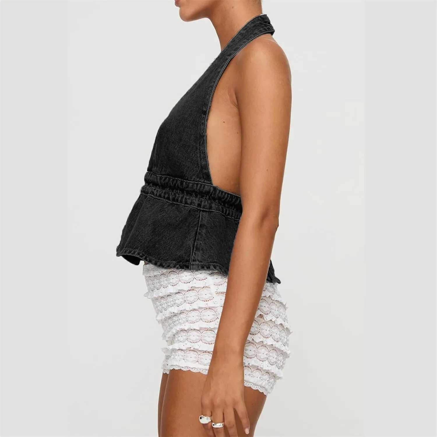 Women Sexy Halter Jean Vest Deep V Neck Denim Tie Vest Summer Backless Ruffle Denim Tank Top Streeetwear