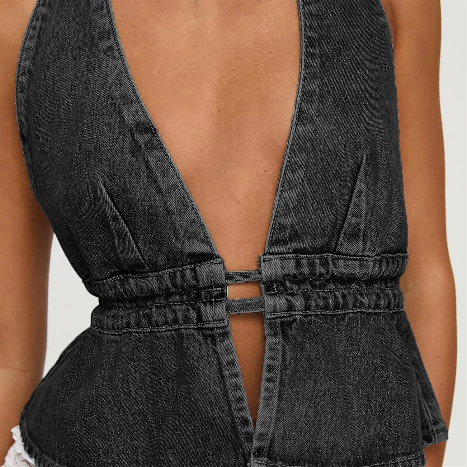 Women Sexy Halter Jean Vest Deep V Neck Denim Tie Vest Summer Backless Ruffle Denim Tank Top Streeetwear