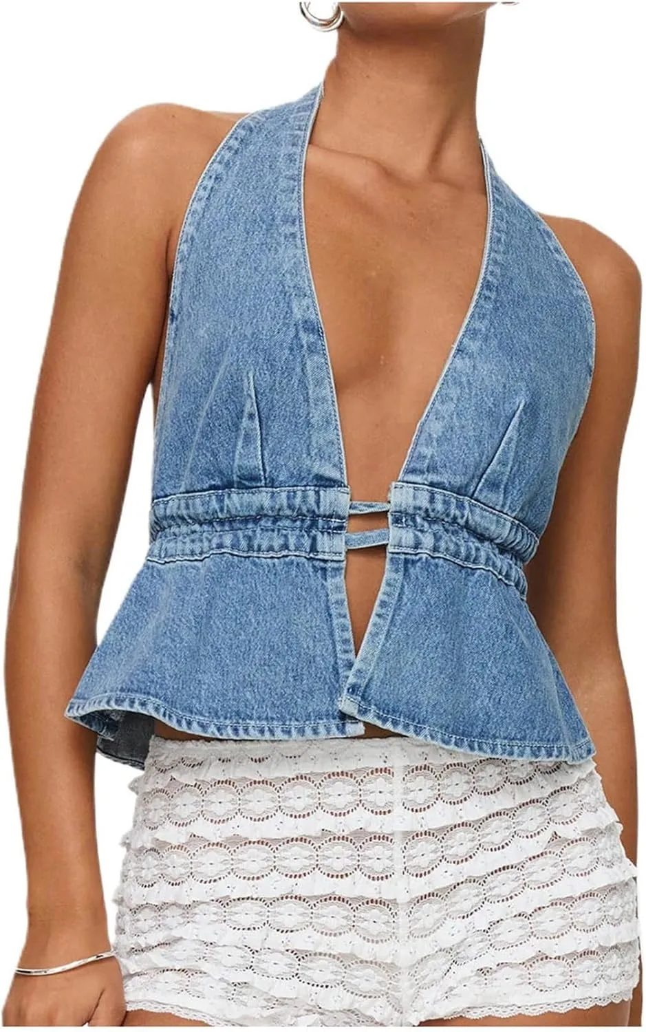 Women Sexy Halter Jean Vest Deep V Neck Denim Tie Vest Summer Backless Ruffle Denim Tank Top Streeetwear