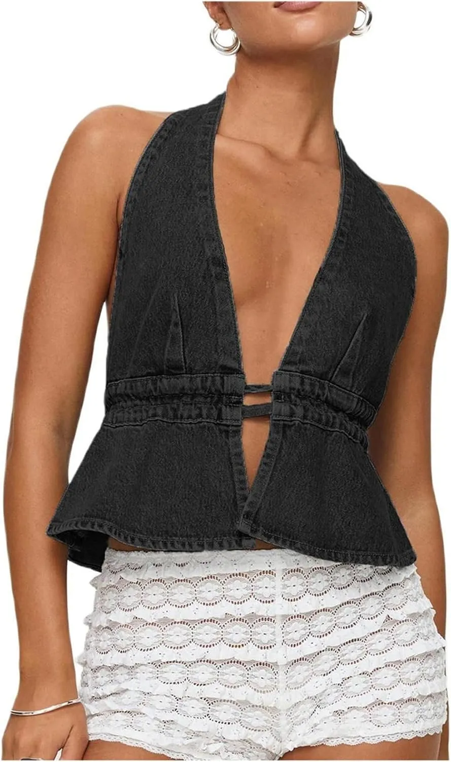 Women Sexy Halter Jean Vest Deep V Neck Denim Tie Vest Summer Backless Ruffle Denim Tank Top Streeetwear