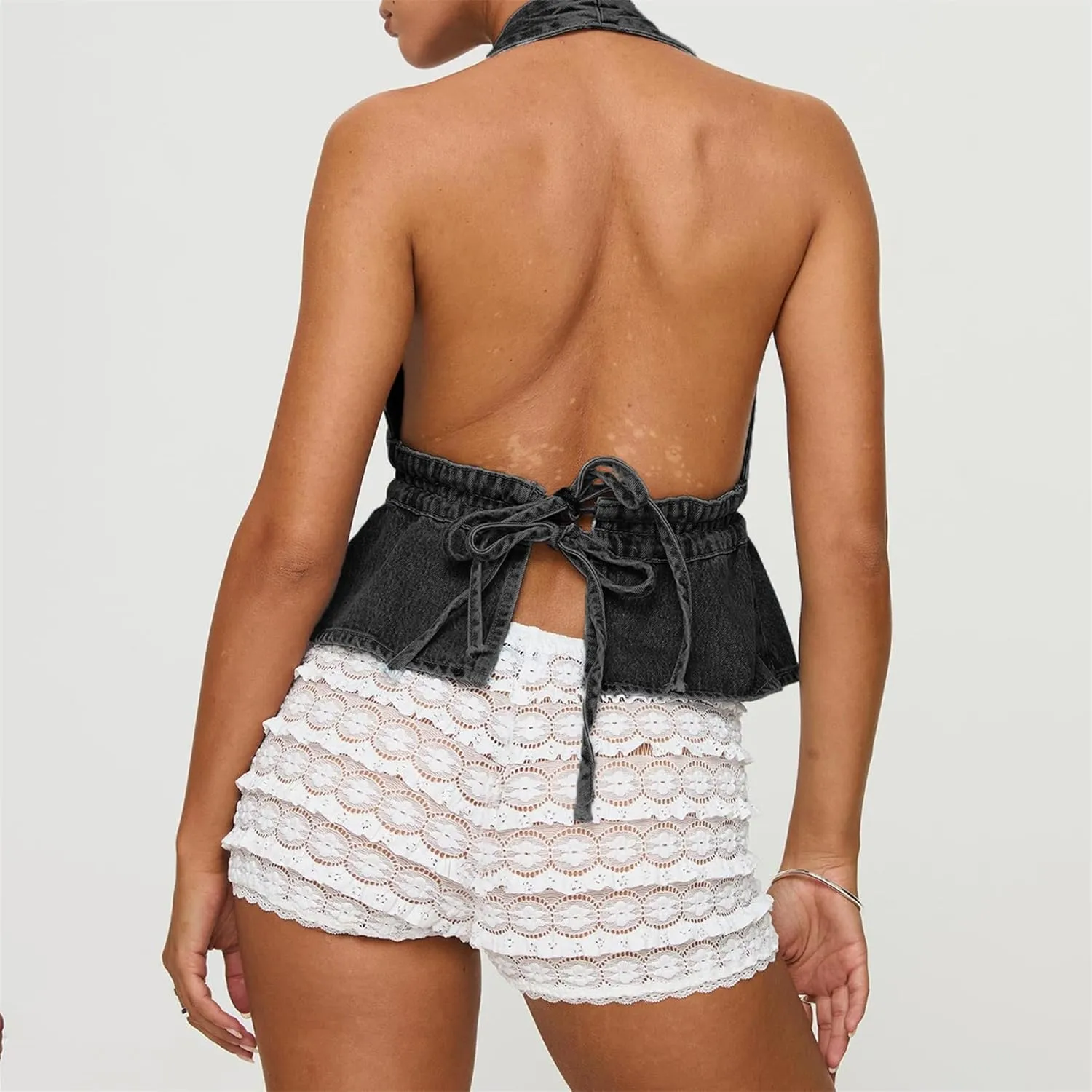 Women Sexy Halter Jean Vest Deep V Neck Denim Tie Vest Summer Backless Ruffle Denim Tank Top Streeetwear