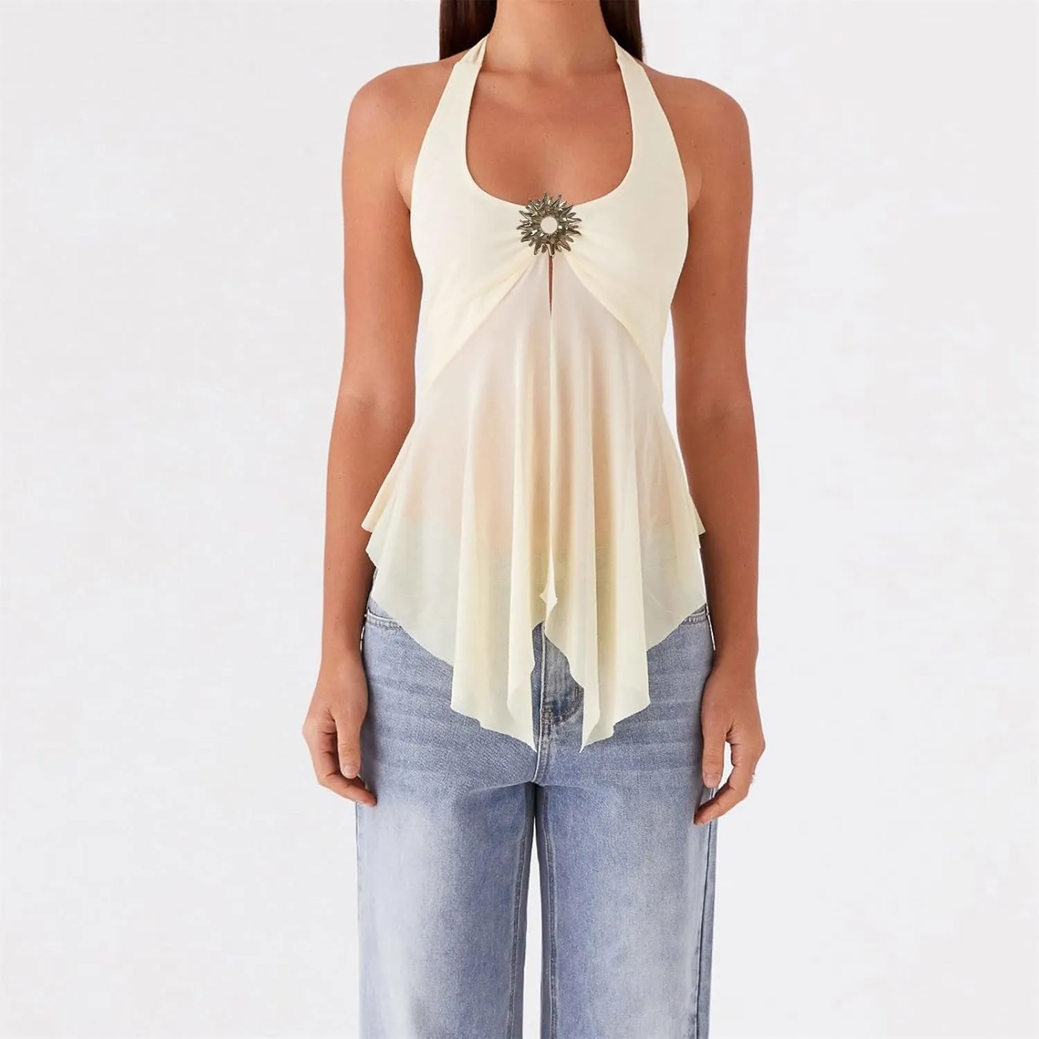 Women Split Front Flowy Halter Top Cowl Neck Deep V Neck Sleeveless Backless Going Out Tops Y2k Summer Club Party