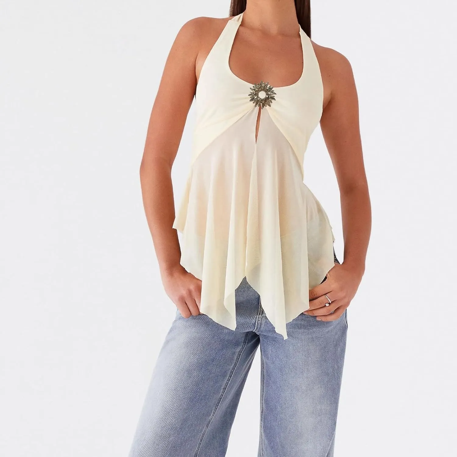 Women Split Front Flowy Halter Top Cowl Neck Deep V Neck Sleeveless Backless Going Out Tops Y2k Summer Club Party