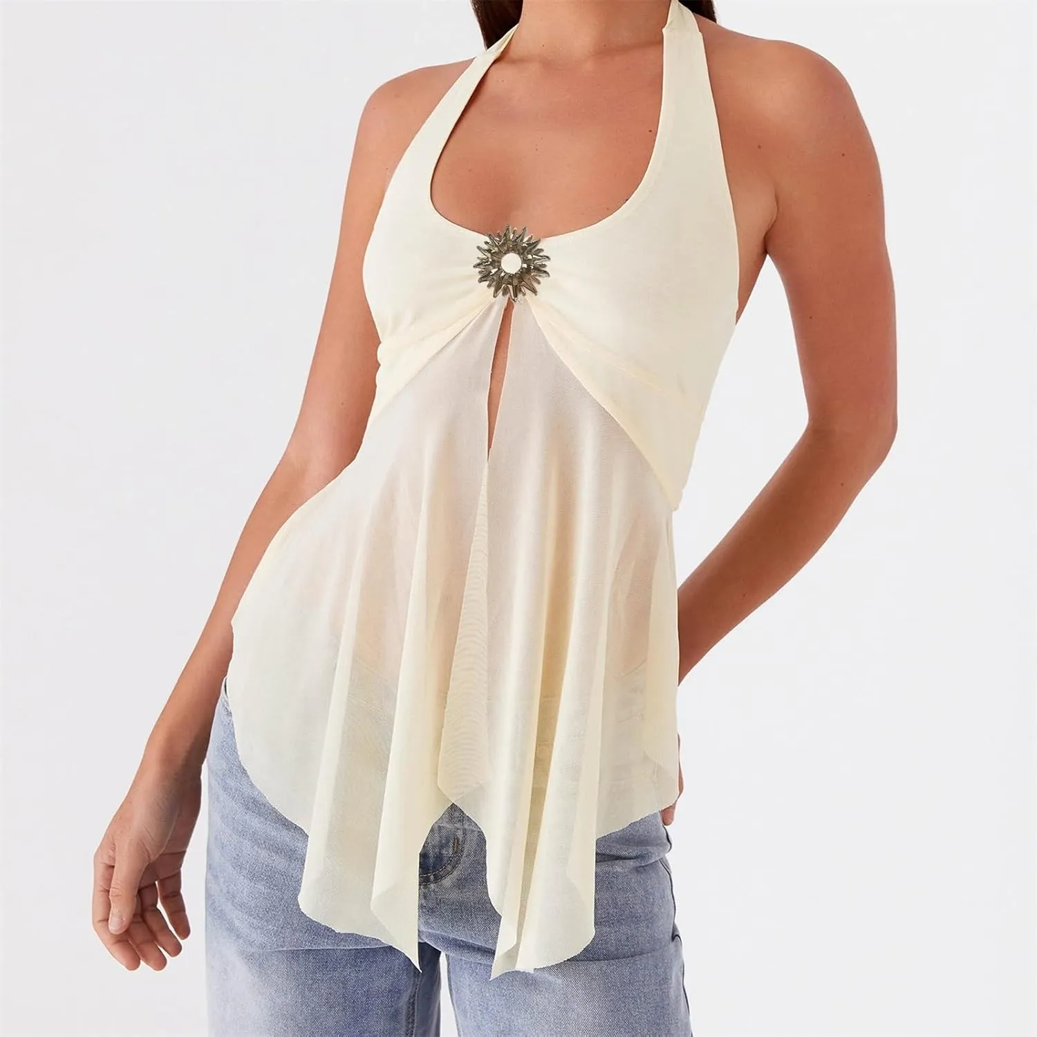 Women Split Front Flowy Halter Top Cowl Neck Deep V Neck Sleeveless Backless Going Out Tops Y2k Summer Club Party