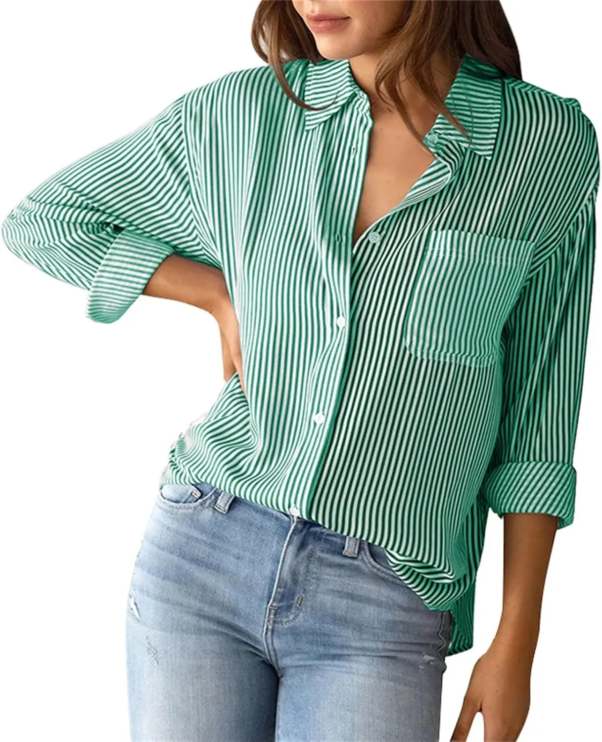 Women Striped Linen Shirts Button Down Cotton Short Sleeve Blouses V Neck Collared Button-up Gauze Tops with Pocket
