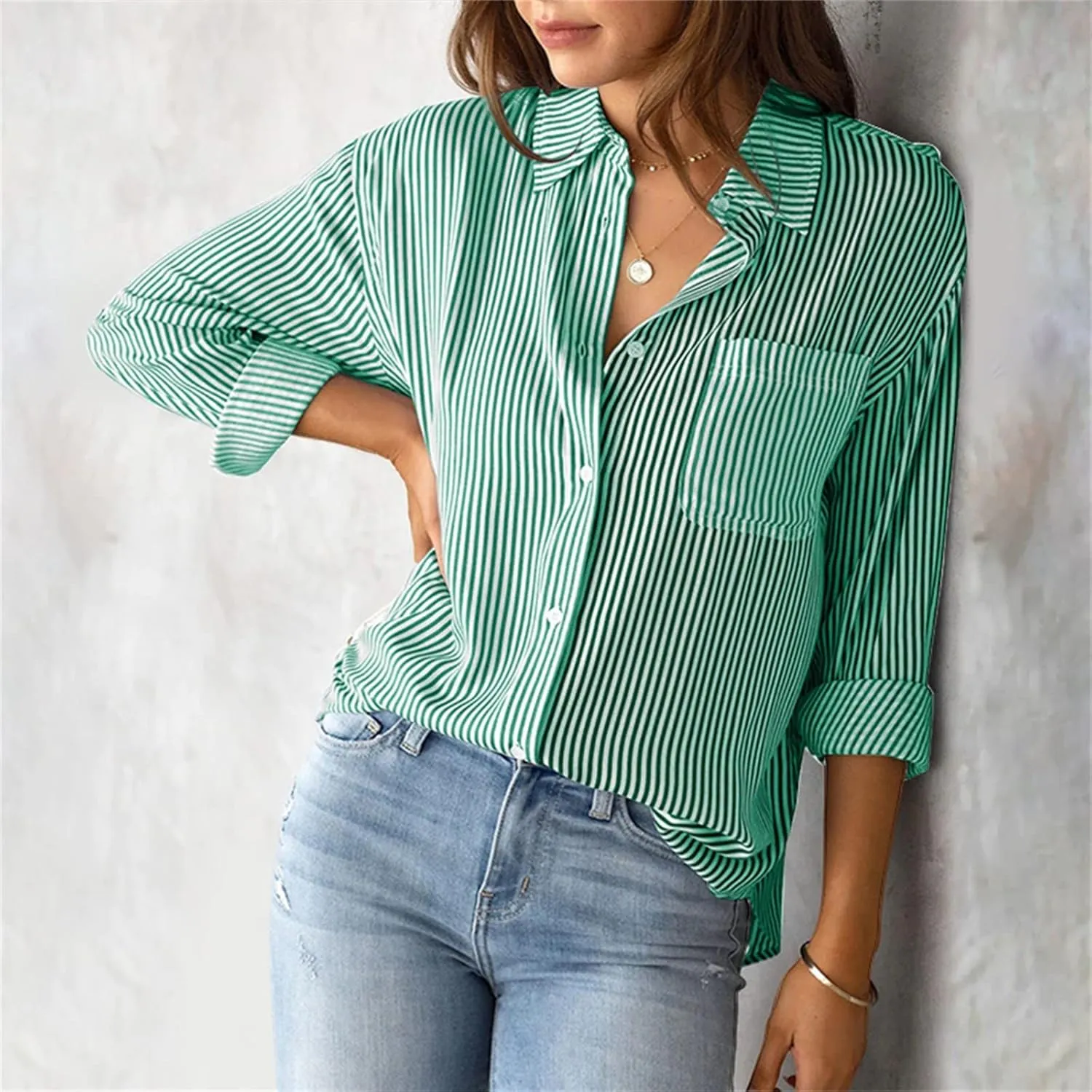 Women Striped Linen Shirts Button Down Cotton Short Sleeve Blouses V Neck Collared Button-up Gauze Tops with Pocket
