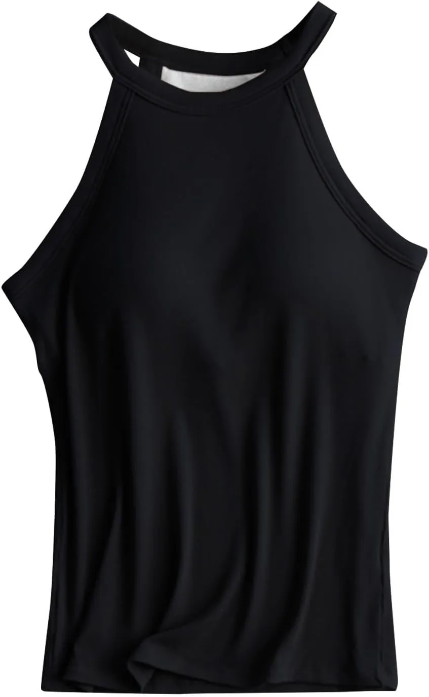Women Tank Tops with Built in Bras Casual Basic Racerback Ribbed Shirts Sleeveless High Neck Slim Fit Tops