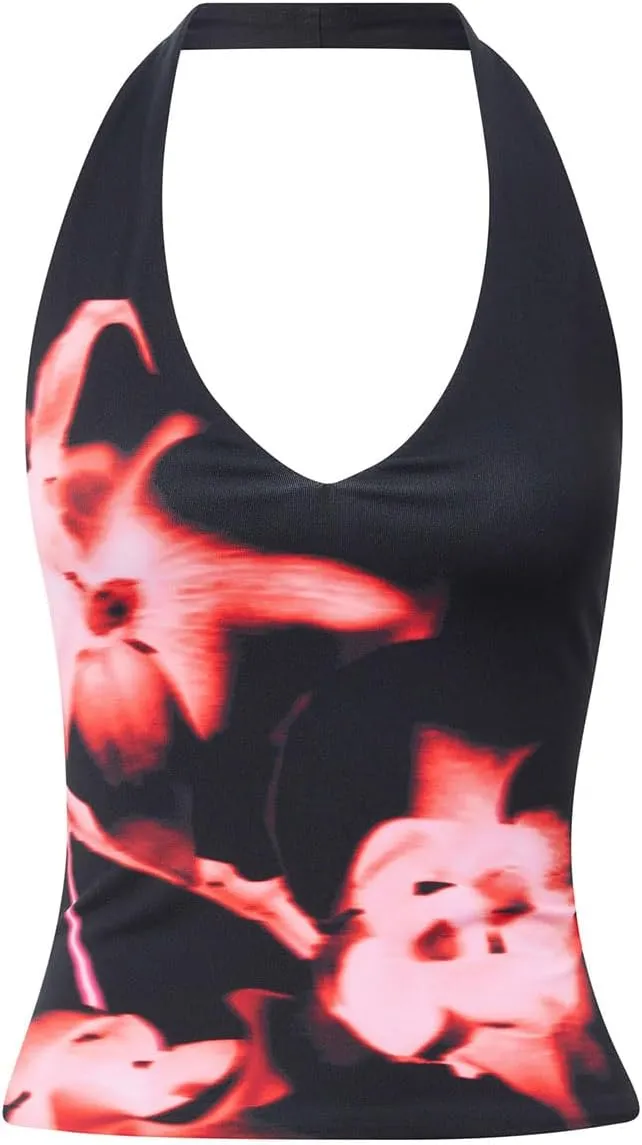 Women Y2K Floral Print Tank Tops Spaghetti Strap Slim Fit Crop Camisole Vintage Aesthetic Sleeveless Tops Streetwear