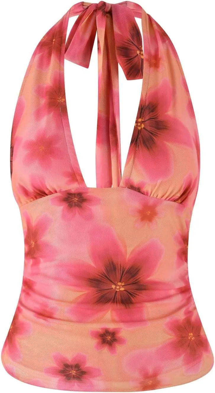 Women Y2K Floral Print Tank Tops Spaghetti Strap Slim Fit Crop Camisole Vintage Aesthetic Sleeveless Tops Streetwear