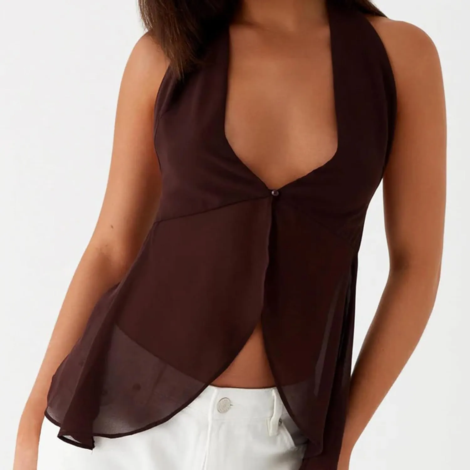 Women Y2K Halter Flowy Tank Tops Sexy Sleeveless Split Front Tie Up Mesh Cami Shirt Cute Summer Going Out Beach Top