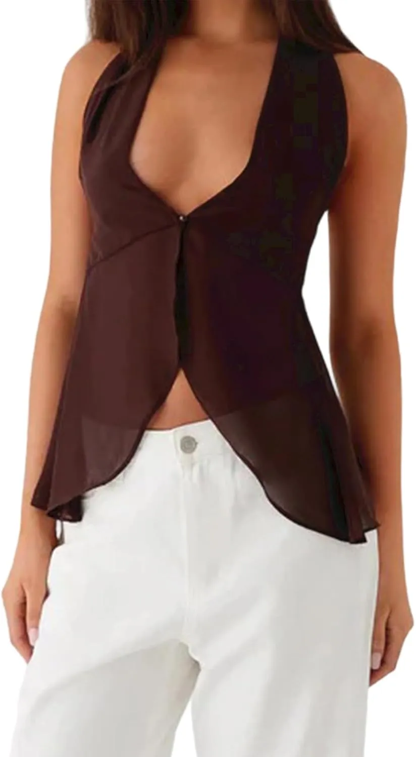 Women Y2K Halter Flowy Tank Tops Sexy Sleeveless Split Front Tie Up Mesh Cami Shirt Cute Summer Going Out Beach Top