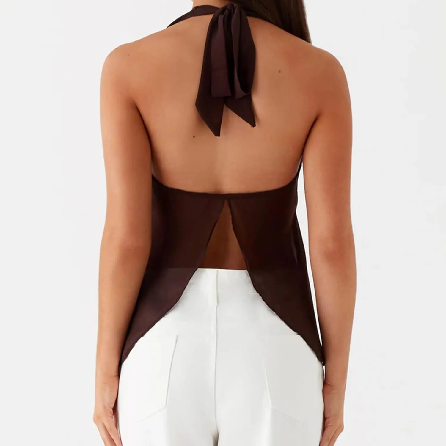 Women Y2K Halter Flowy Tank Tops Sexy Sleeveless Split Front Tie Up Mesh Cami Shirt Cute Summer Going Out Beach Top