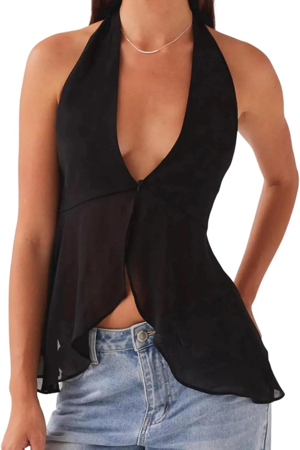 Women Y2K Halter Flowy Tank Tops Sexy Sleeveless Split Front Tie Up Mesh Cami Shirt Cute Summer Going Out Beach Top