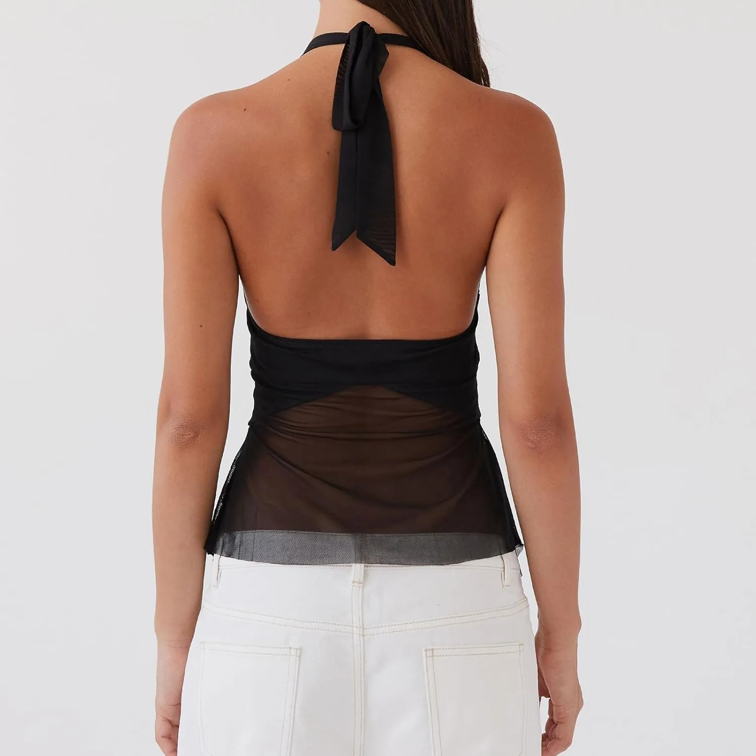 Women Y2K Halter Flowy Tank Tops Sexy Sleeveless Split Front Tie Up Mesh Cami Shirt Cute Summer Going Out Beach Top
