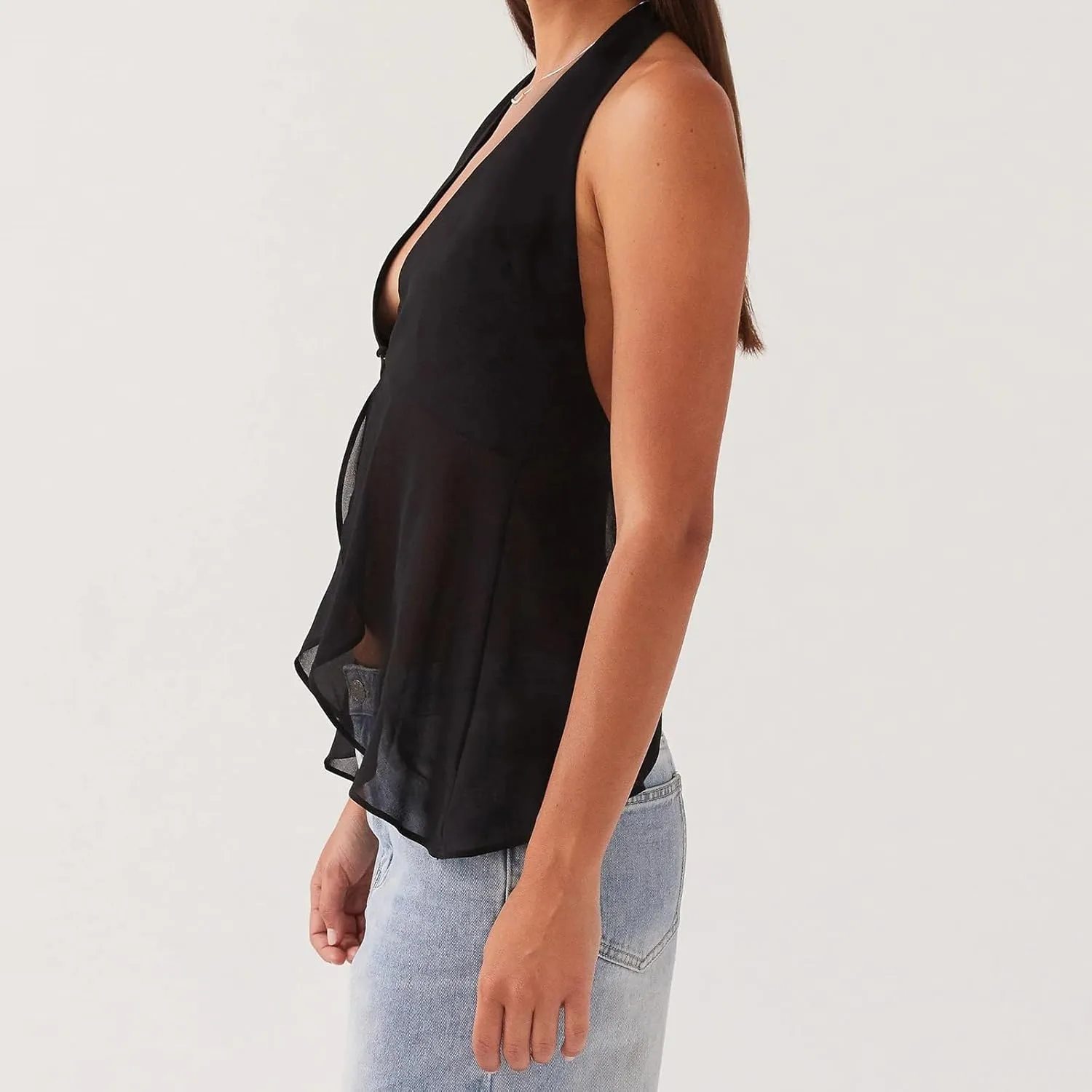 Women Y2K Halter Flowy Tank Tops Sexy Sleeveless Split Front Tie Up Mesh Cami Shirt Cute Summer Going Out Beach Top