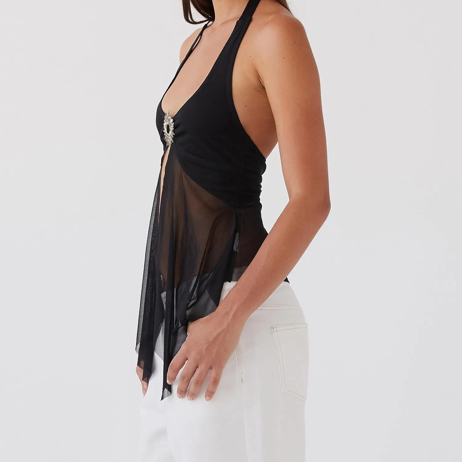 Women Y2K Halter Flowy Tank Tops Sexy Sleeveless Split Front Tie Up Mesh Cami Shirt Cute Summer Going Out Beach Top