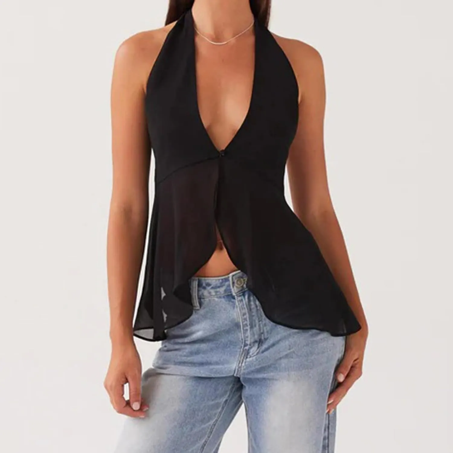 Women Y2K Halter Flowy Tank Tops Sexy Sleeveless Split Front Tie Up Mesh Cami Shirt Cute Summer Going Out Beach Top