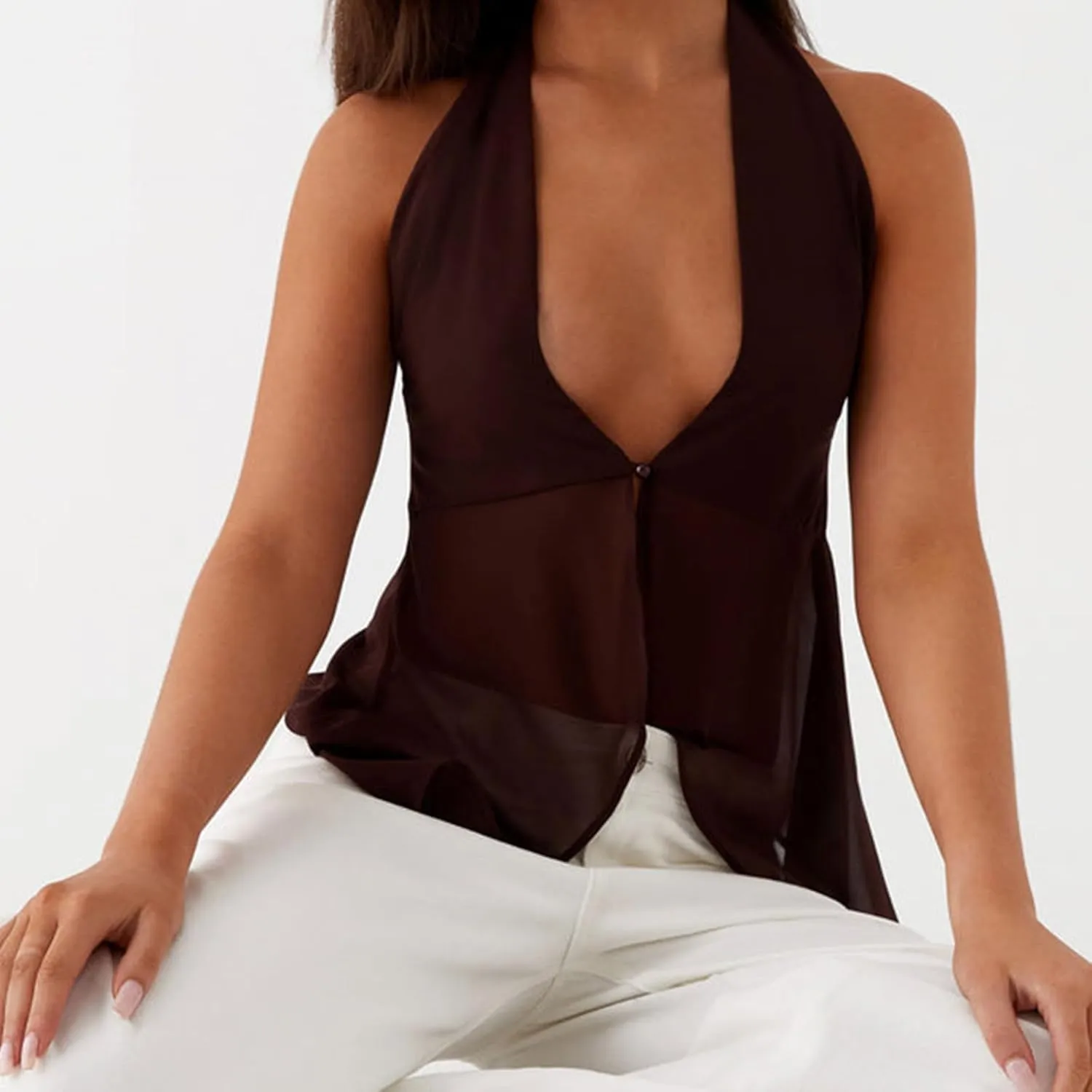 Women Y2K Halter Flowy Tank Tops Sexy Sleeveless Split Front Tie Up Mesh Cami Shirt Cute Summer Going Out Beach Top