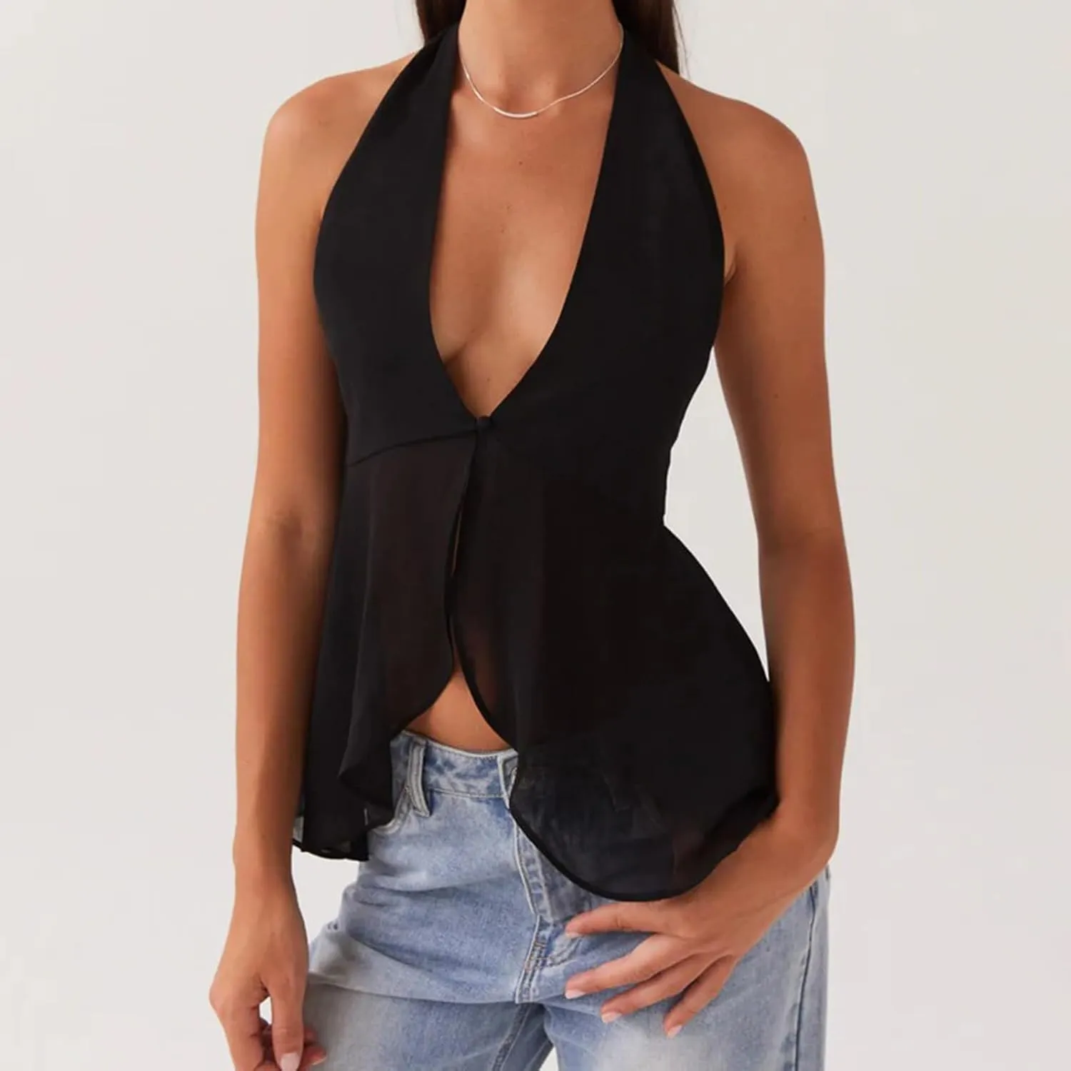 Women Y2K Halter Flowy Tank Tops Sexy Sleeveless Split Front Tie Up Mesh Cami Shirt Cute Summer Going Out Beach Top