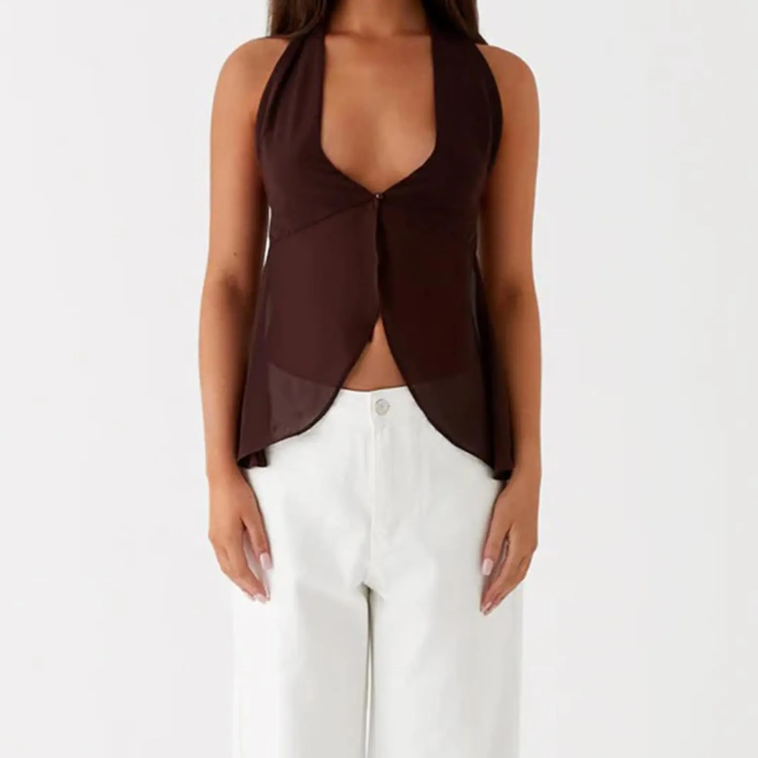 Women Y2K Halter Flowy Tank Tops Sexy Sleeveless Split Front Tie Up Mesh Cami Shirt Cute Summer Going Out Beach Top
