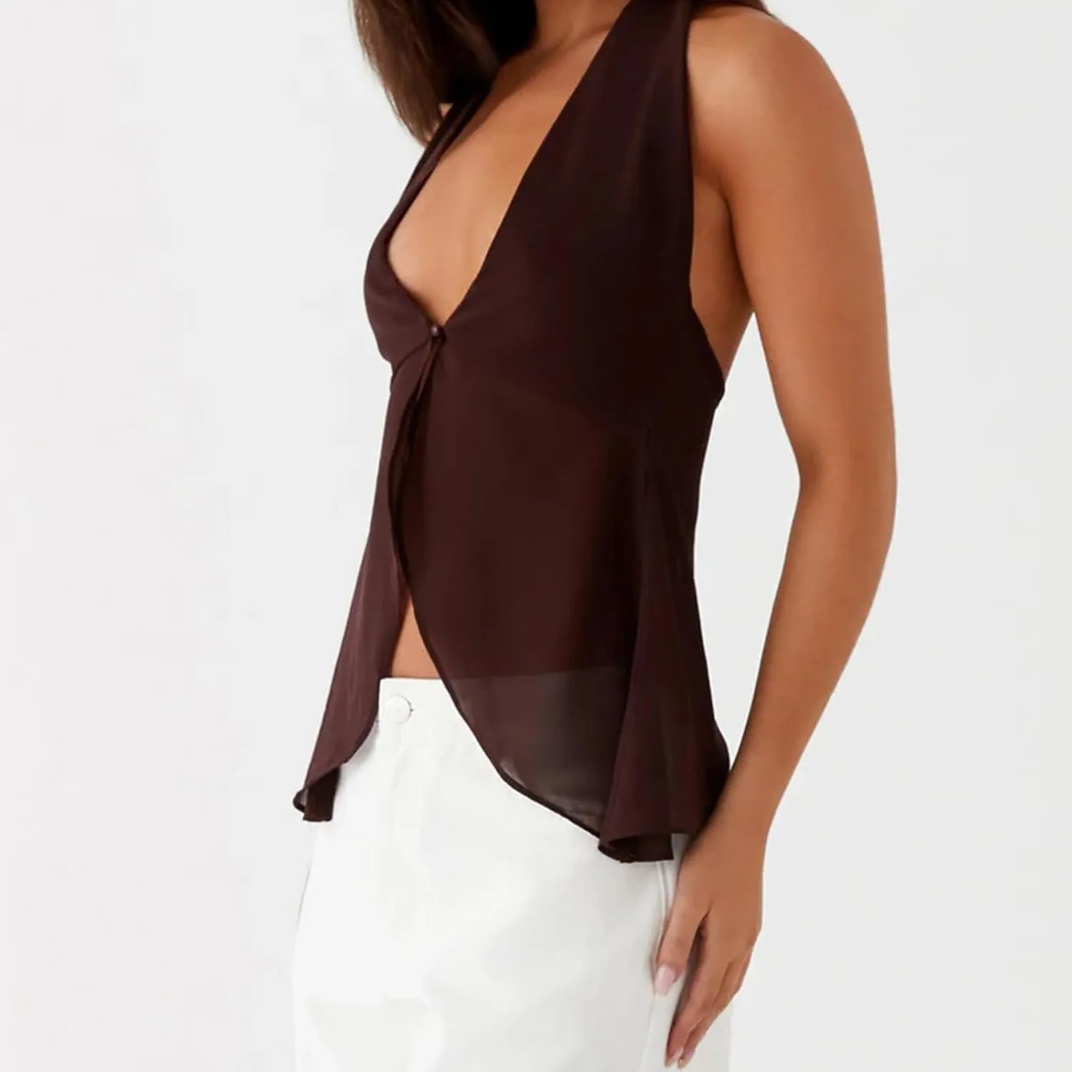Women Y2K Halter Flowy Tank Tops Sexy Sleeveless Split Front Tie Up Mesh Cami Shirt Cute Summer Going Out Beach Top