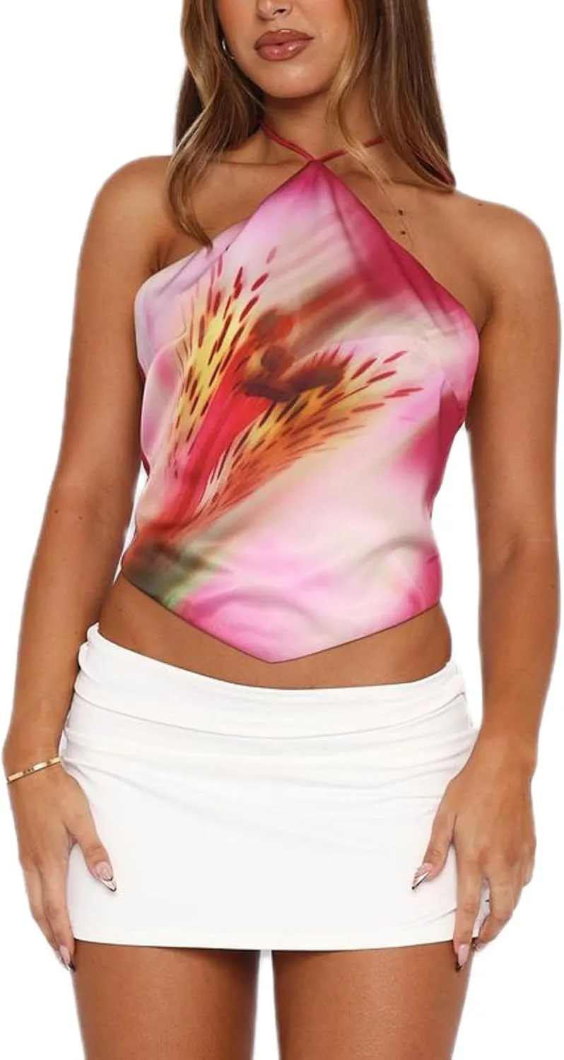 Women Y2k Halter Tank Top Floral Print Summer Going Out Crop Tops Sexy Open Back Boho Beach Camisoles