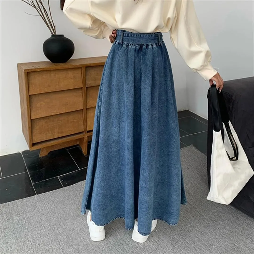 Women's A-Line Denim Pleated Skirt Long Denim Skirt Harajuku Korean Style Denim Skirt