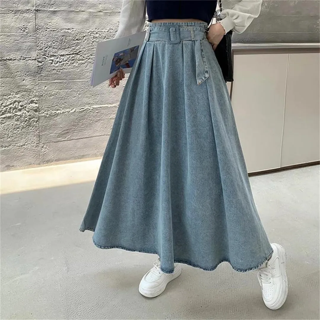 Women's A-Line Denim Pleated Skirt Long Denim Skirt Harajuku Korean Style Denim Skirt